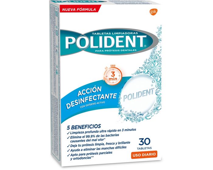POLIDENT ACCIÓN DESINFECTANTE PROTESIS DENTALES CON OXIGENO 30UDS 1